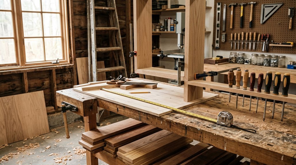 building wooden shelves inside a shed