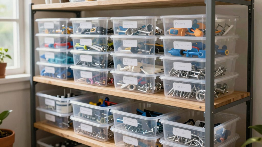clear bins labeled storage system