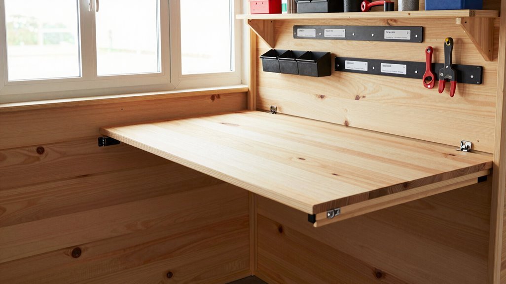 7 Workbench Ideas for Your Shed That Maximize Small Space 3 fold down folding bench expansion solution