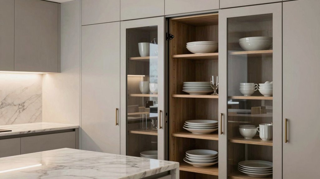 3 Luxury Kitchen Cabinet Ideas That Redefine Elegance 3 glass front displays hidden pantry harmony