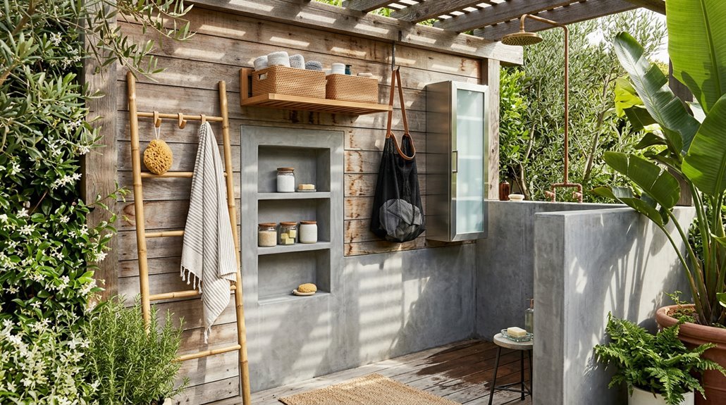 outdoor shower storage ideas for clutter free space