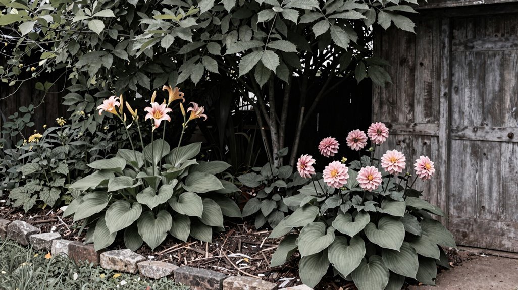 3 Landscaping Ideas for Your Shed That Actually Look Good 3 shade garden for shed base hostas daylilies dahlias
