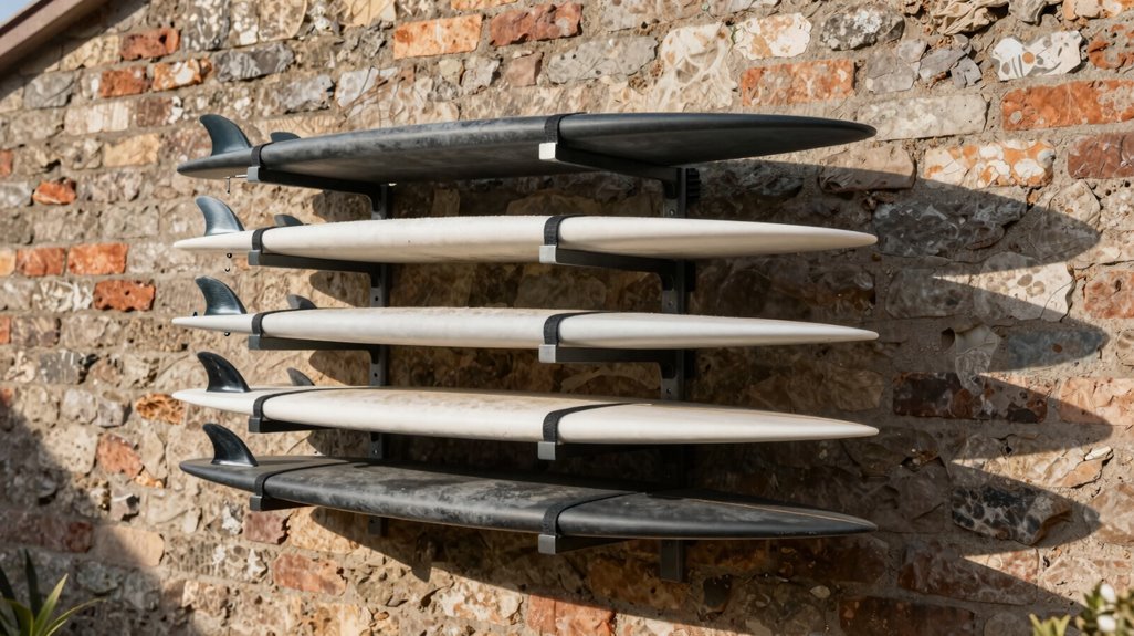 3 Outdoor Surfboard Storage Ideas That Actually Work 2 vertical exterior wall mounted racks protect boards