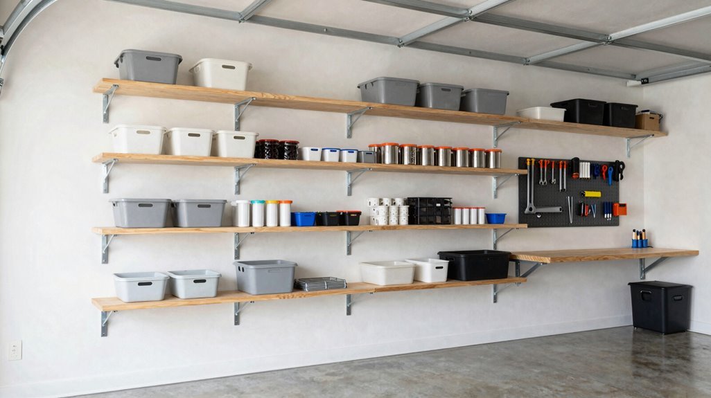 wall mounted shelves maximize vertical garage space