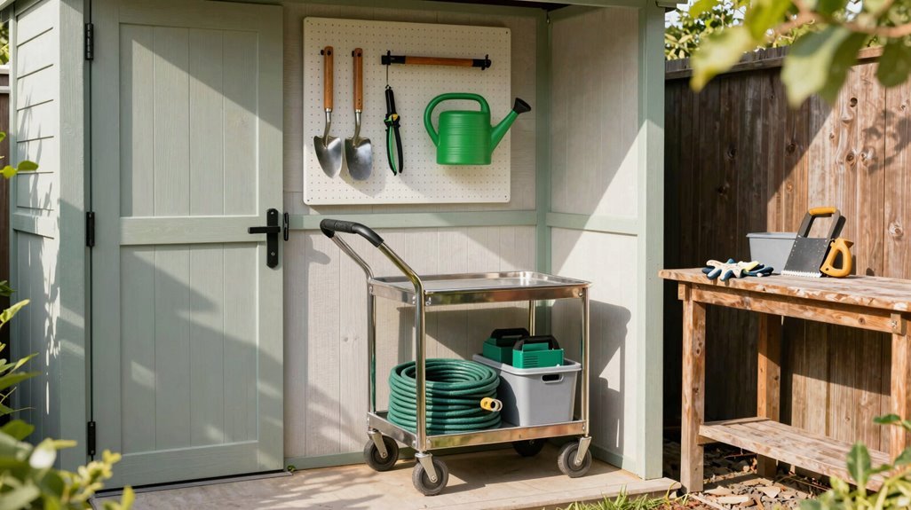 7 Outdoor Garden Tool Storage Ideas That Actually Work 3 wheeled garden cart with tools