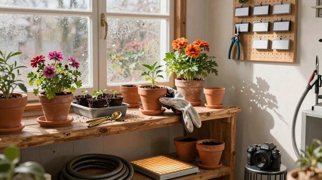winter gardening in heated shed with lights